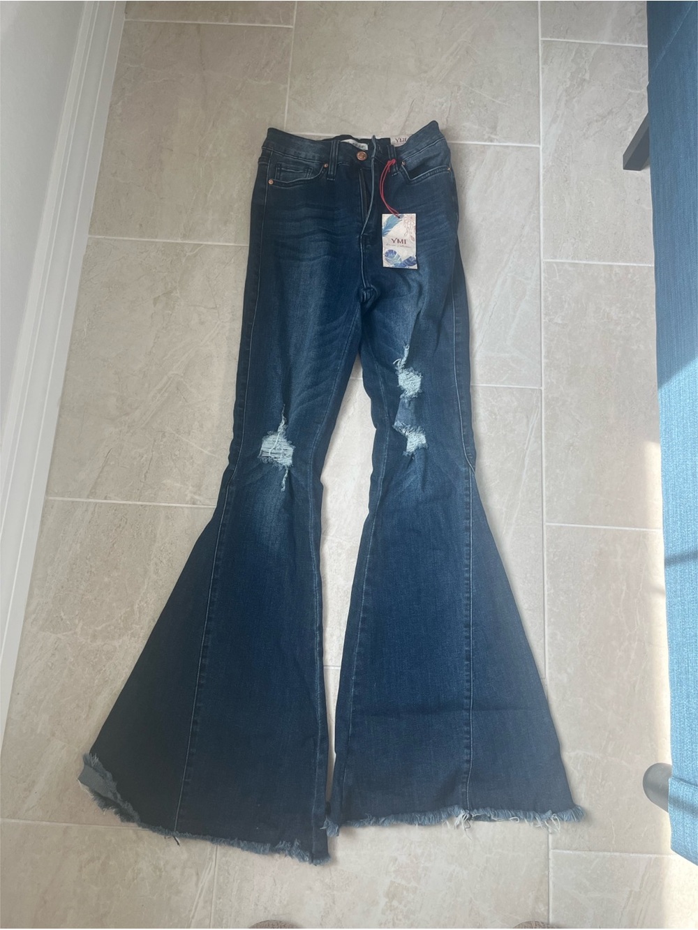 YMI Dark Blue Distressed Wide-Leg Flare Jeans